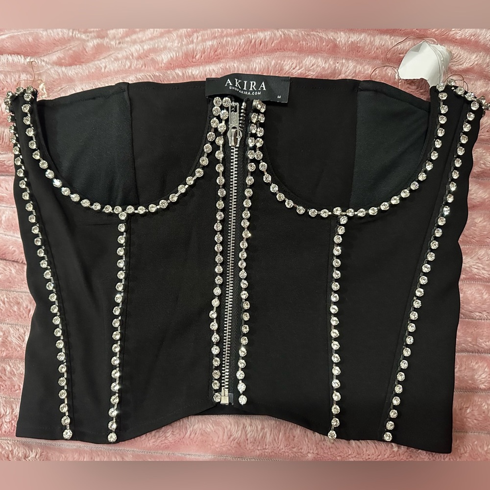 AKIRA Black Rhinestone-Trim Corset Crop Top